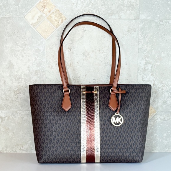 Michael Kors Sheila Large Laptop Tote Shoulder Bag MK Center Stripe Brown - Picture 1 of 12